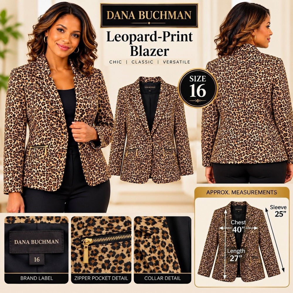 Dana Buchman Women's Size 16 Leopard Print Blazer Gold Zip Pockets Jacket
